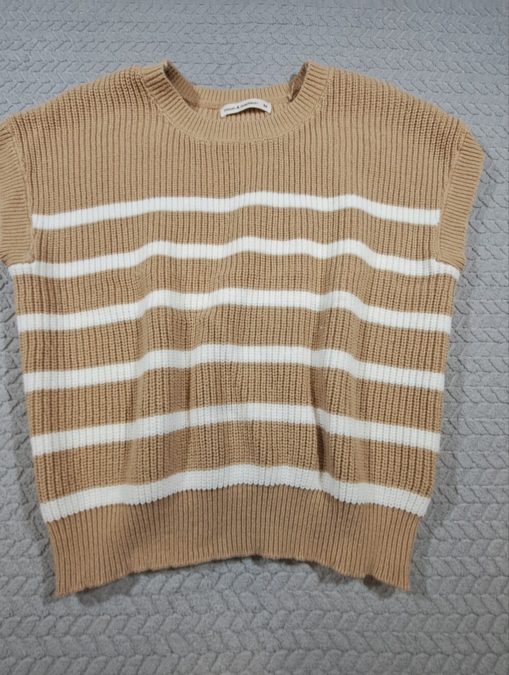 moon & madison Beige and White Striped Sleeveless Crewneck Sweater